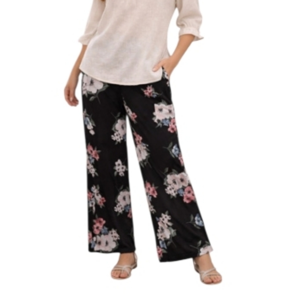 J JILL Wearever Collection Floral Full-Leg Cropped Pullon Fluid Knit Pants L